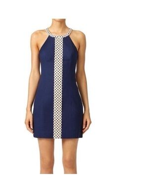 Lilly Pulitzer Sasha Shift Dress Size 2 Navy Blue Metallic Gold Lace Appliqué